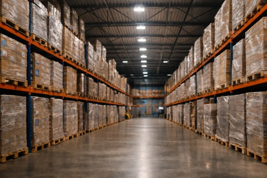 Allée de racks chargés de palettes