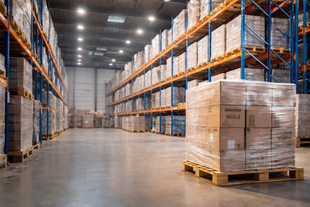 Palettes filmées stockées en racks dans l’entrepôt